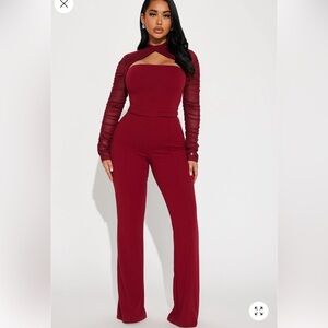 Burgundy Cutout Long-Sleeve Jumpsuit